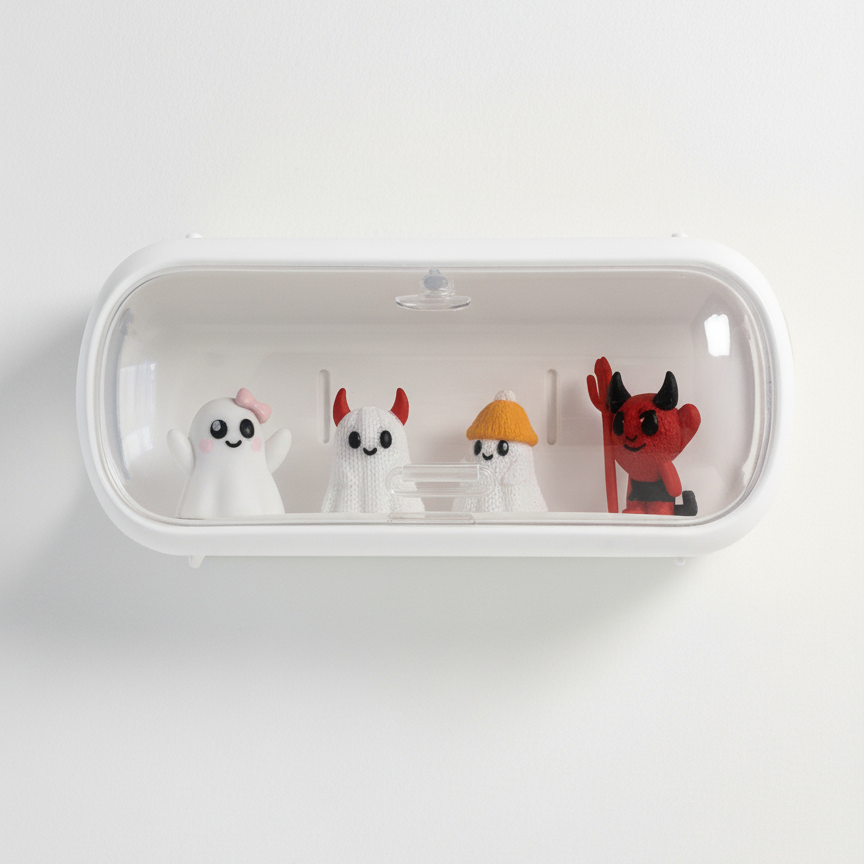 Four small figurines in a white container on a light gray background