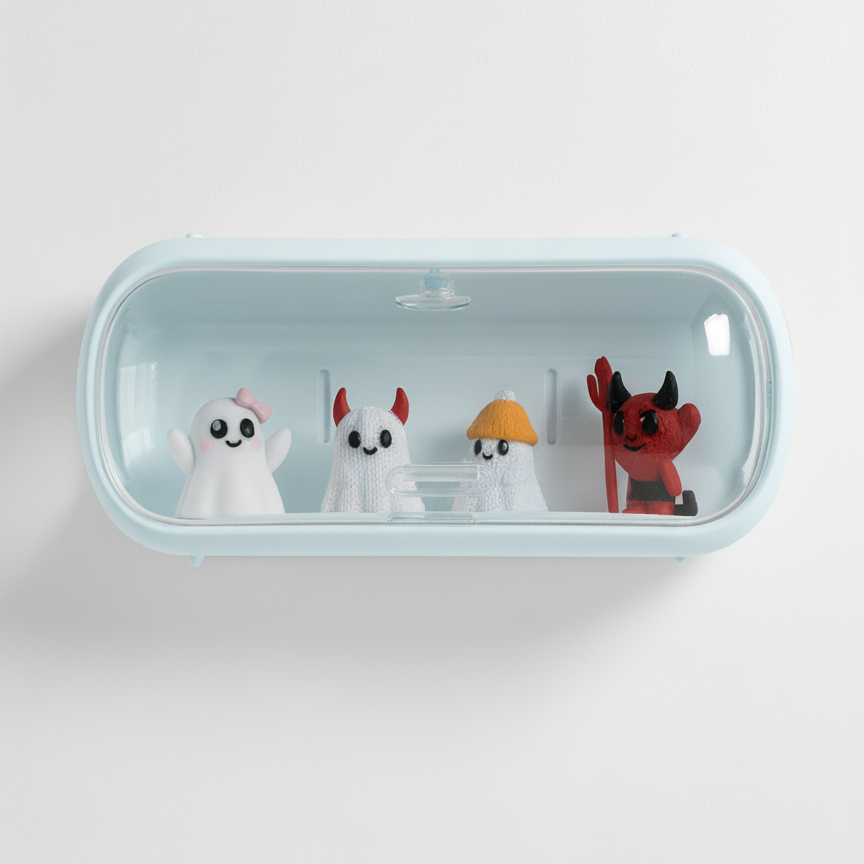 Small figurines of a ghost, a cat, a turtle, and a devil inside a clear blue container on a white background.