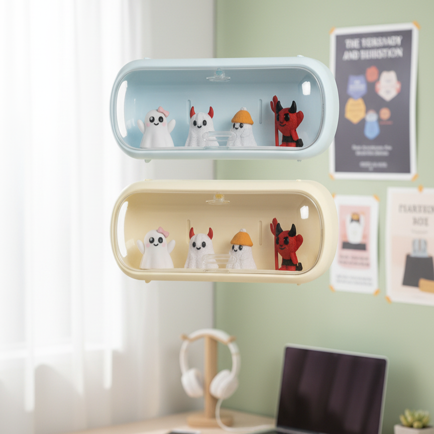 Desk setup with a laptop, headphones, and decorative items on shelves.