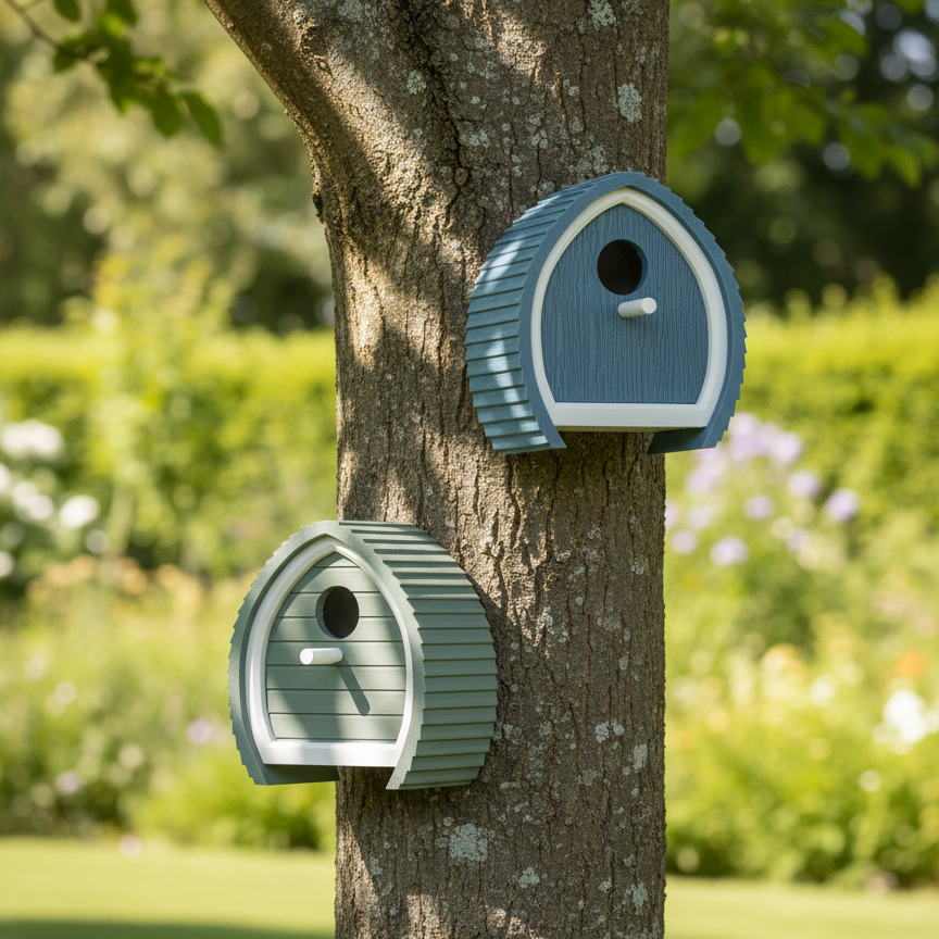 Two birdhouses, one blue and one green, attached to a tree in a garden setting.