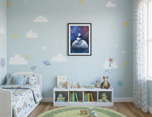 Panda on Moon Print: Space Animal Nursery Art, Lunar Painting