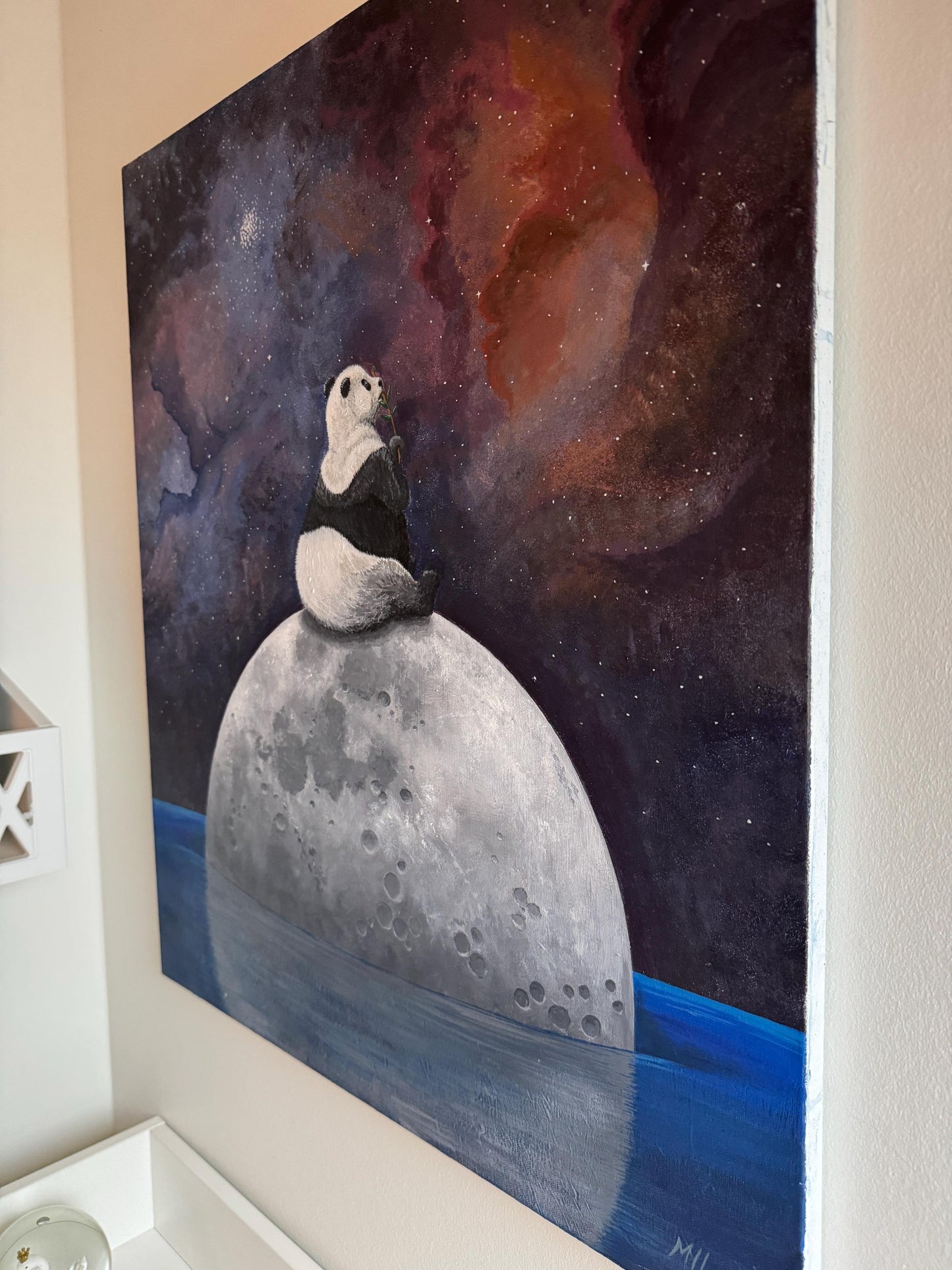 Panda on Moon Print: Space Animal Nursery Art, Lunar Painting