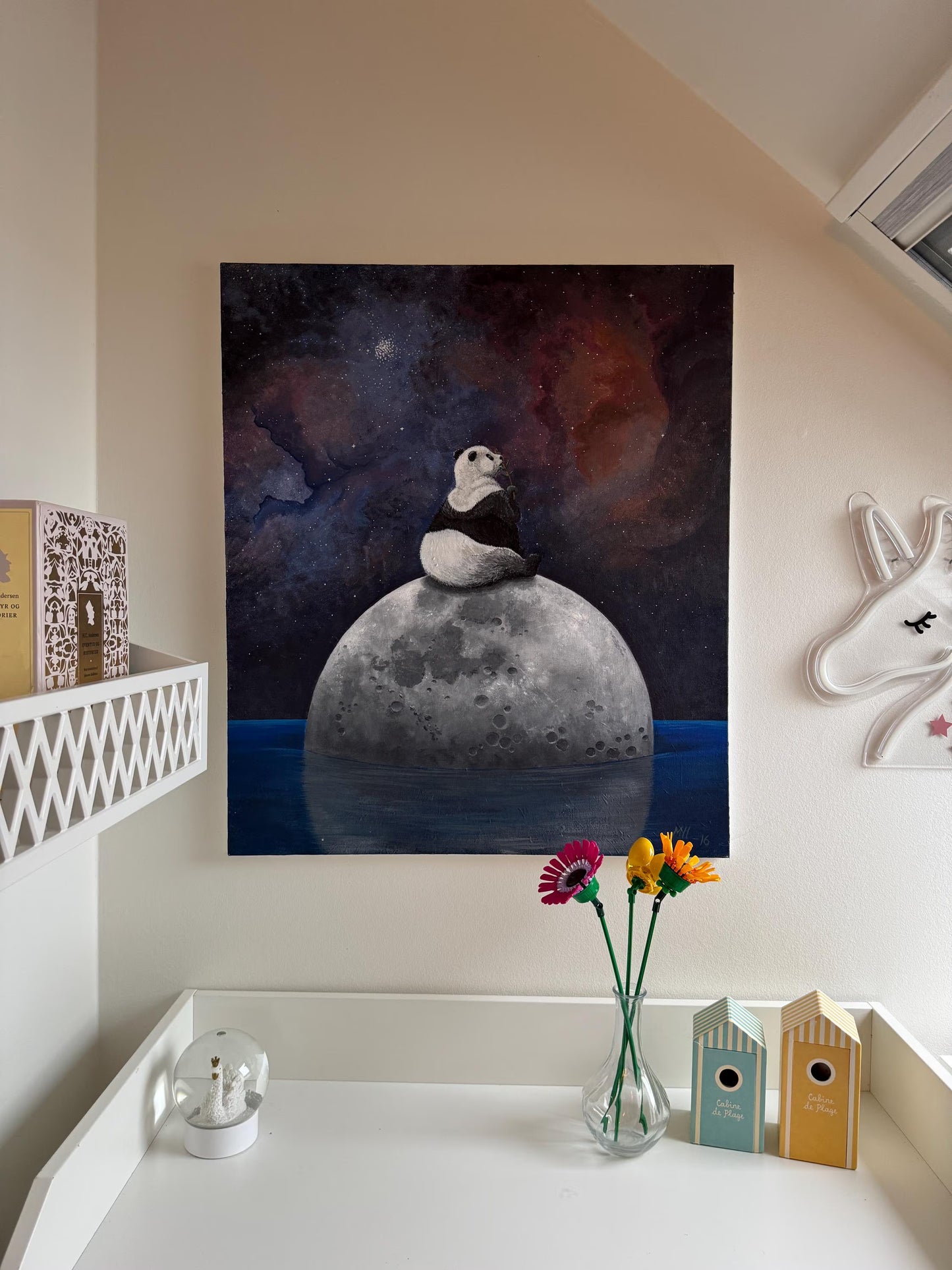 Panda on Moon Print: Space Animal Nursery Art, Lunar Painting