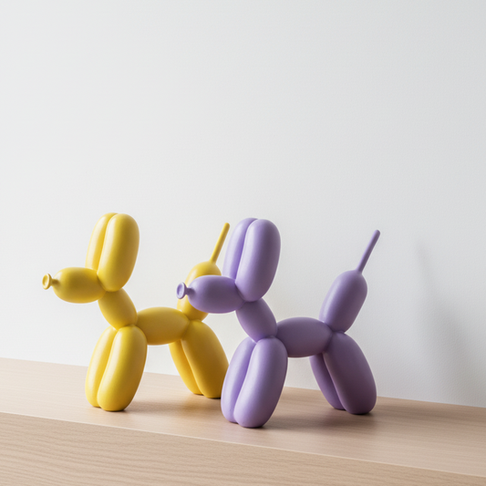 Yellow and purple balloon dog sculptures on a wooden surface with a white background