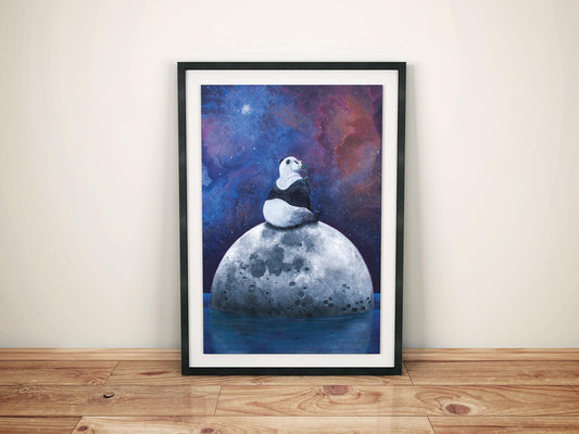 Panda on Moon Print: Space Animal Nursery Art, Lunar Painting